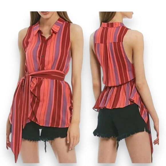 FREE PEOPLE Women's XS Floral Combo Stripe Mackenzie Wrap Button-Up Top Red Pink - Picture 1 of 9